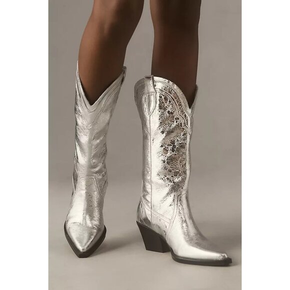 NEW Dolce Vita Rasma Cowgirl Boots Womens 7 Wide Calf Silver Metallic Western - Picture 1 of 11